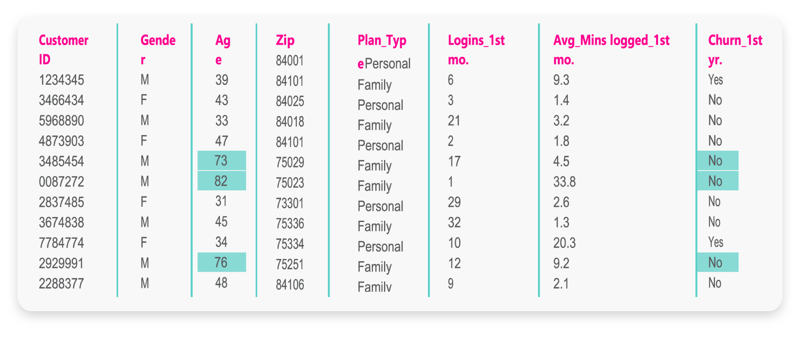 Screenshot of an AutoML data table of customers over 70 during their first year.